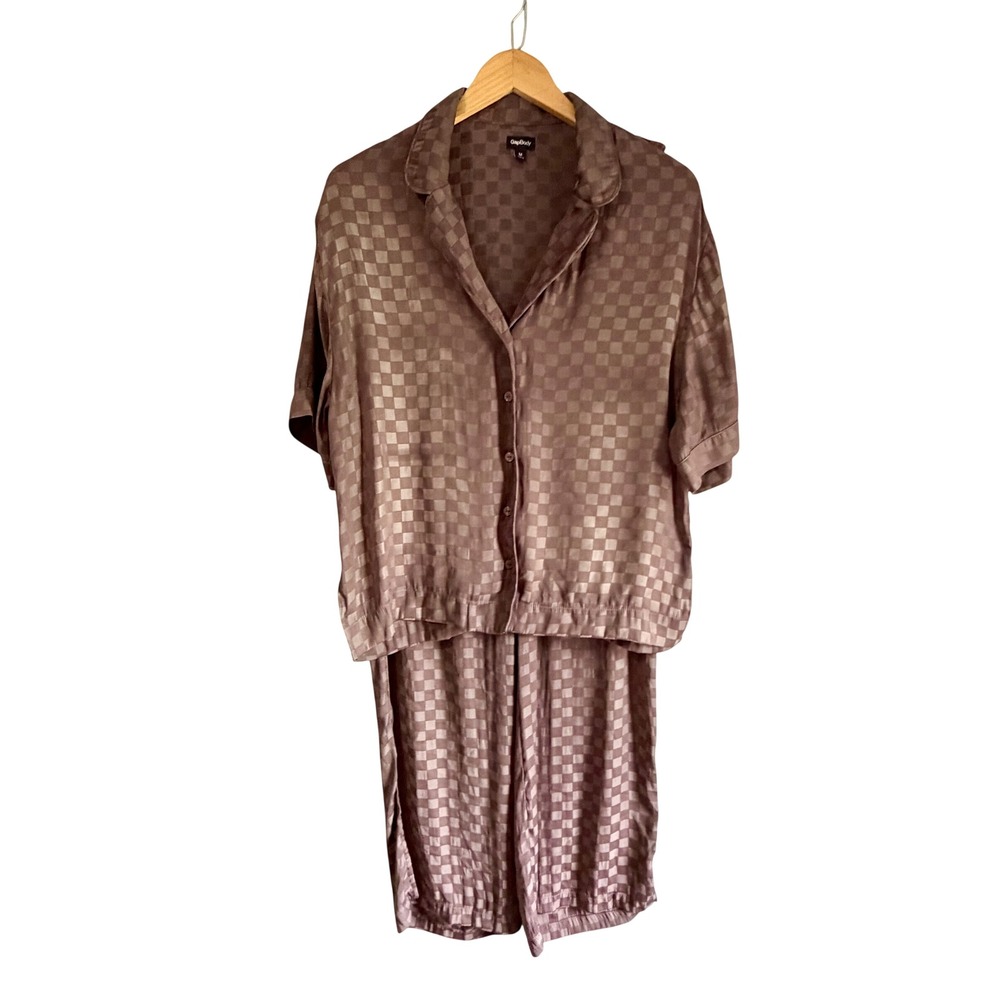 GapBody Mauve Brown Checkered Jacquard Pajama Set Short Sleeve Top Pants Medium